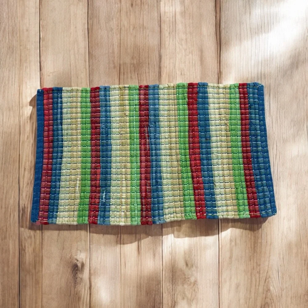 Vintage Thick Handwoven Throw Rug Striped Red White Blue Green Tan 30”x 18”